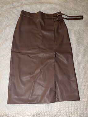 LOFT Brown Faux Leather Wrap-Accent Midi Skirt